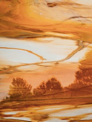 Orange and marbled abstract landscape art with tree reflections, evoking a sunset or fall scene.